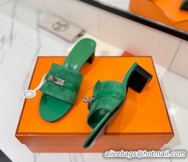 Cheap Price Hermes Gigi Heel Slides Sandal 4.5cm in Suede with Kelly Buckle Green 0421046