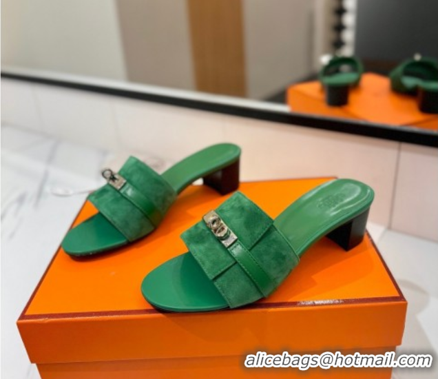 Cheap Price Hermes Gigi Heel Slides Sandal 4.5cm in Suede with Kelly Buckle Green 0421046