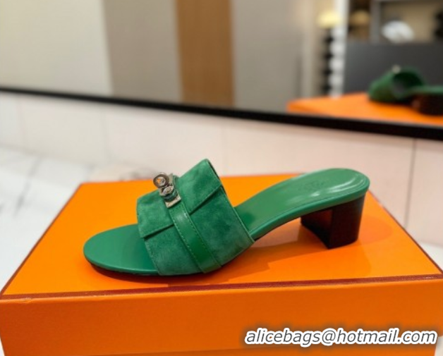 Cheap Price Hermes Gigi Heel Slides Sandal 4.5cm in Suede with Kelly Buckle Green 0421046