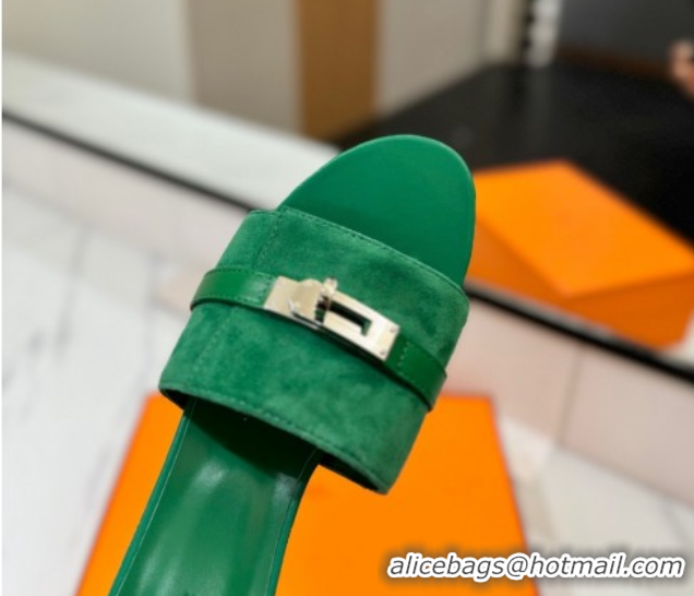 Cheap Price Hermes Gigi Heel Slides Sandal 4.5cm in Suede with Kelly Buckle Green 0421046