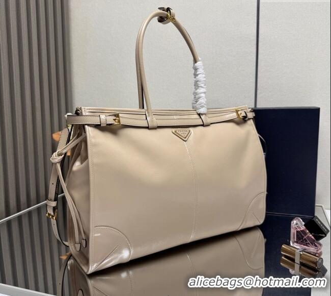 Discount Prada Bonnie extra large leather handbag 1BA439 Light Beige 2025