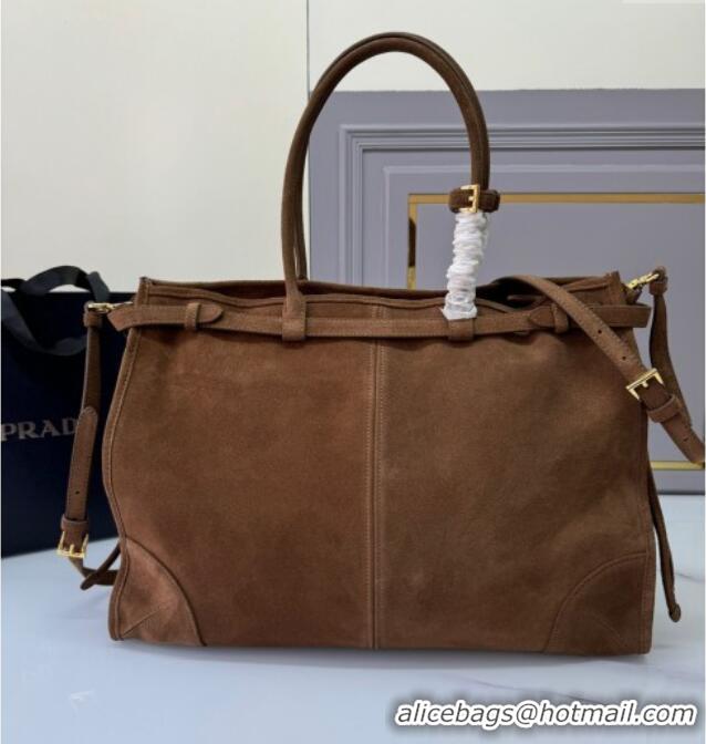 Most Popular Prada Bonnie Large suede handbag 1BA439 Cocoa Brown 2024