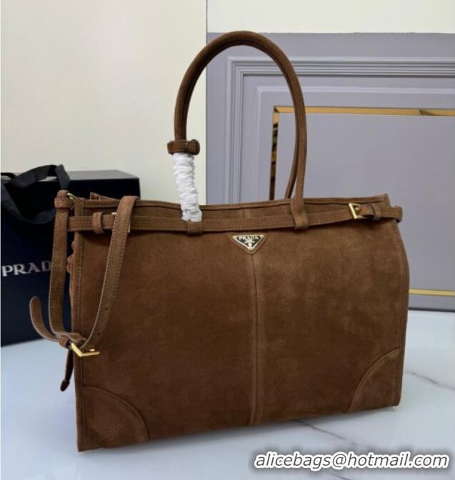Most Popular Prada Bonnie Large suede handbag 1BA439 Cocoa Brown 2024