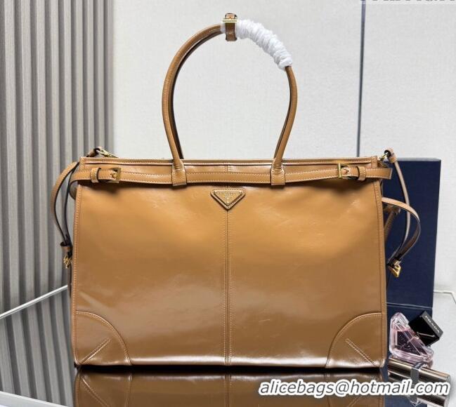 Luxury Discount Prada Bonnie extra large leather handbag 1BA439 Light Brown 2025