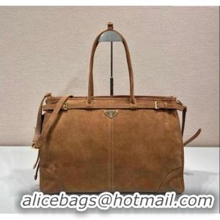 New Cheap Prada Bonnie extra large suede handbag 1BA439 Brown 2025