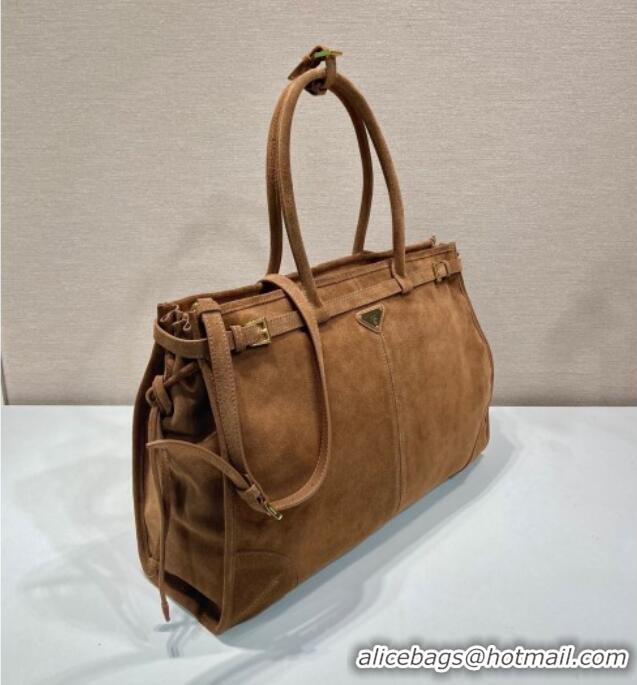 New Cheap Prada Bonnie extra large suede handbag 1BA439 Brown 2025