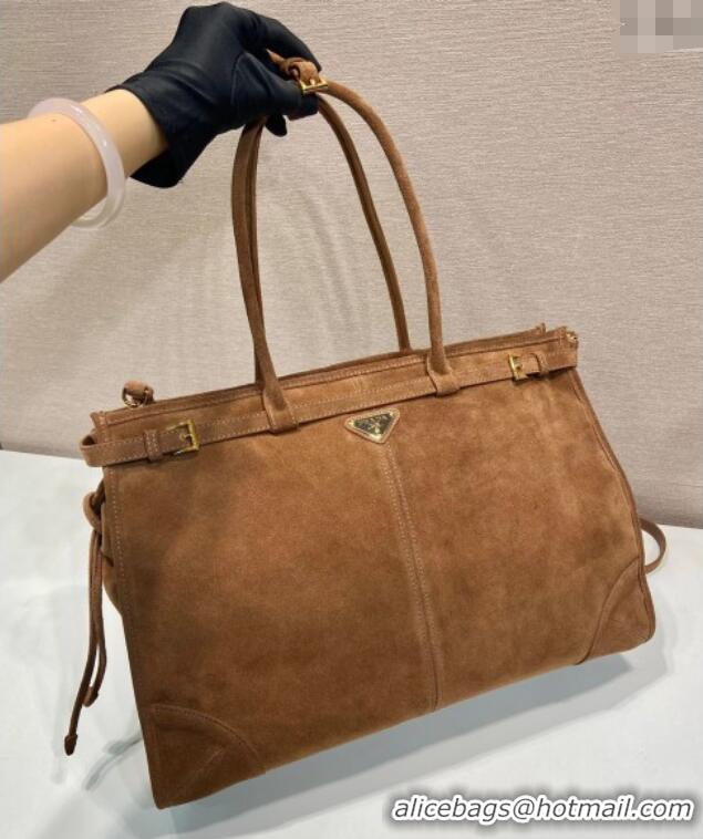 New Cheap Prada Bonnie extra large suede handbag 1BA439 Brown 2025