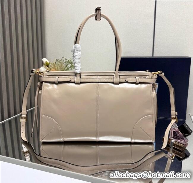 Low Cost Prada Bonnie large leather handbag 1BA433 Light Beige 2025