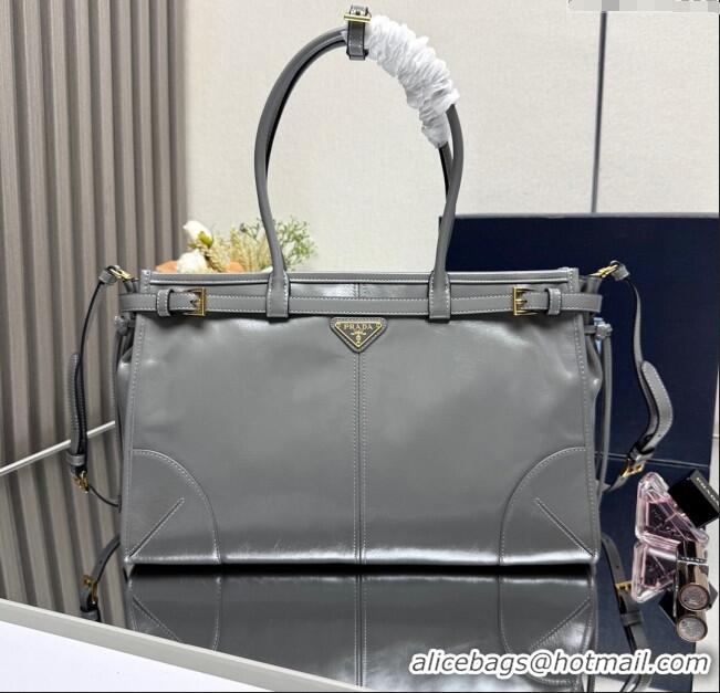 Top Grade Prada Bonnie large leather handbag 1BA433 Granite Grey 2025