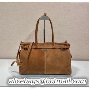 Big Discount Prada Bonnie large suede handbag 1BA433 Brown 2025