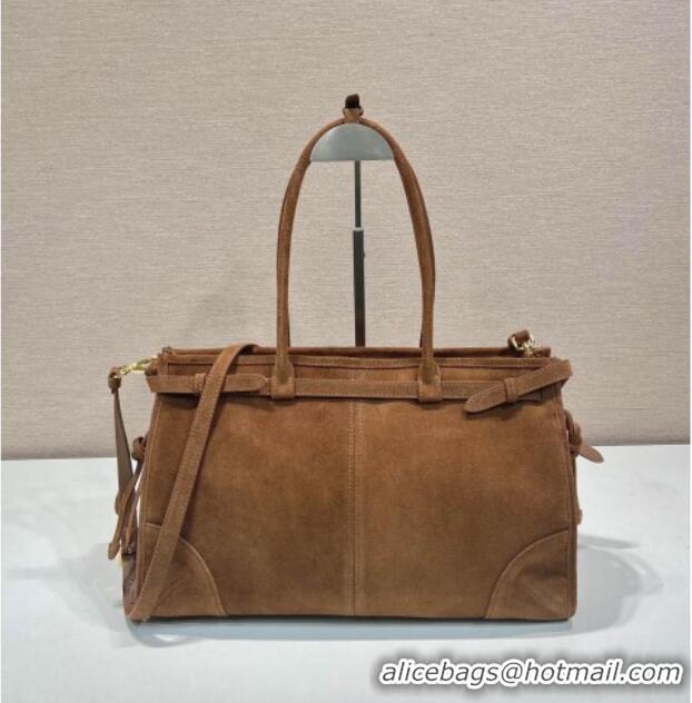 Big Discount Prada Bonnie large suede handbag 1BA433 Brown 2025