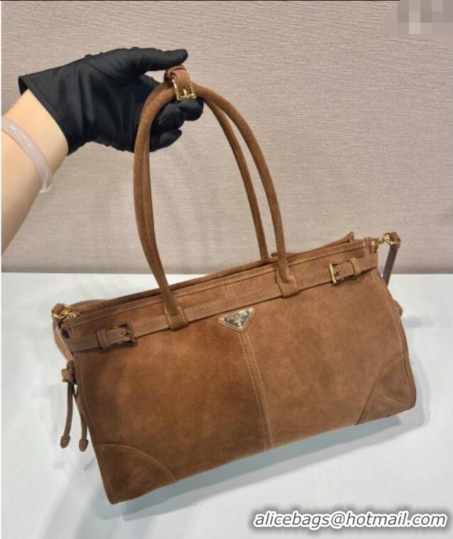 Big Discount Prada Bonnie large suede handbag 1BA433 Brown 2025