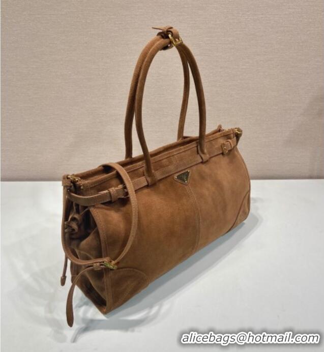 Big Discount Prada Bonnie large suede handbag 1BA433 Brown 2025