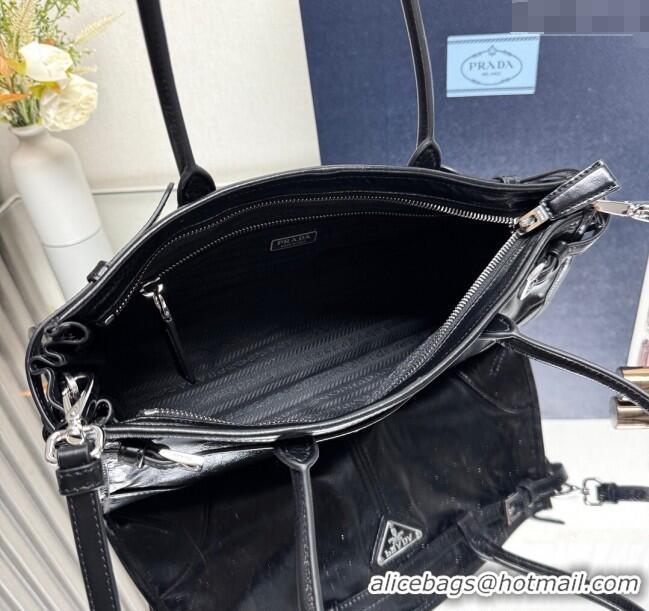 Good Quality Prada Bonnie medium leather handbag 1BA426 Black/Silver 2025
