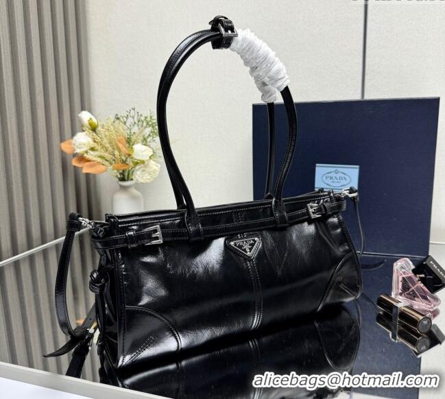 Good Quality Prada Bonnie medium leather handbag 1BA426 Black/Silver 2025