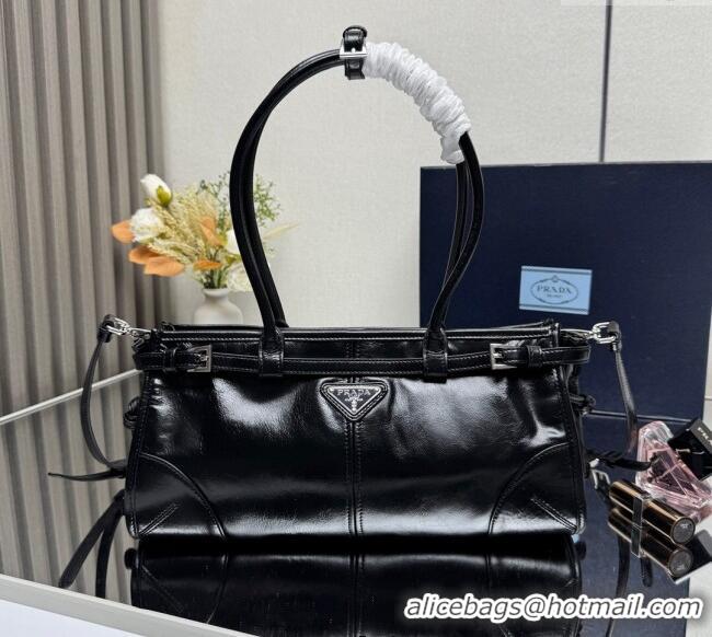 Good Quality Prada Bonnie medium leather handbag 1BA426 Black/Silver 2025
