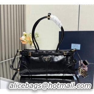 Low Cost Prada Bonnie medium leather handbag 1BA426 Black/Gold 2025