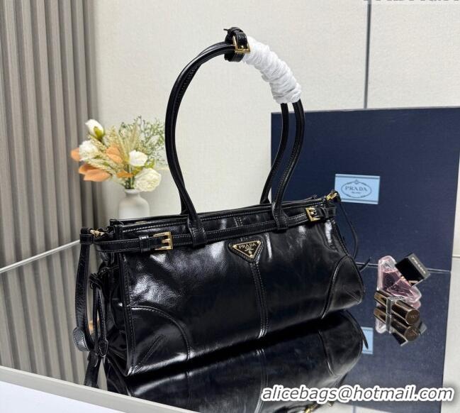 Low Cost Prada Bonnie medium leather handbag 1BA426 Black/Gold 2025