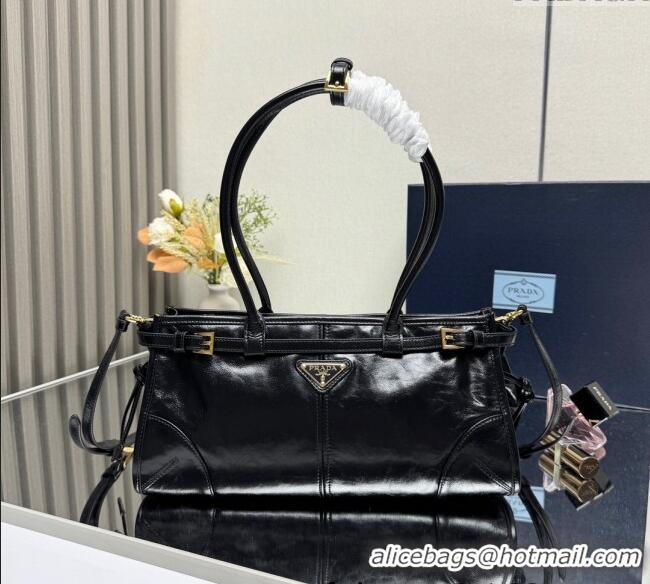 Low Cost Prada Bonnie medium leather handbag 1BA426 Black/Gold 2025