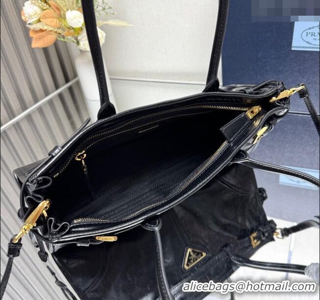 Low Cost Prada Bonnie medium leather handbag 1BA426 Black/Gold 2025
