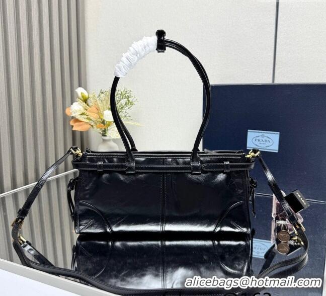 Low Cost Prada Bonnie medium leather handbag 1BA426 Black/Gold 2025