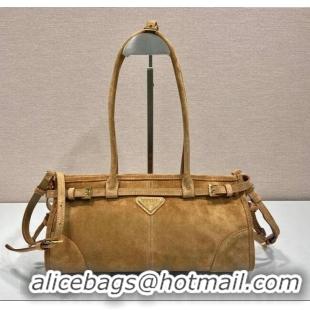 Promotional Prada Bonnie Medium Suede handbag 1BA426 Dark Beige 2025