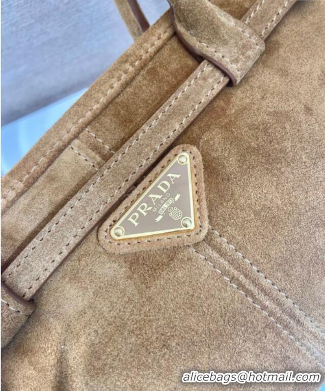 Promotional Prada Bonnie Medium Suede handbag 1BA426 Dark Beige 2025