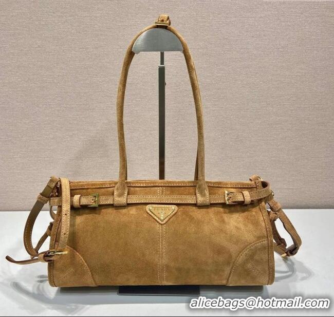 Promotional Prada Bonnie Medium Suede handbag 1BA426 Dark Beige 2025
