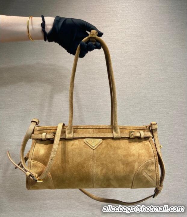 Promotional Prada Bonnie Medium Suede handbag 1BA426 Dark Beige 2025