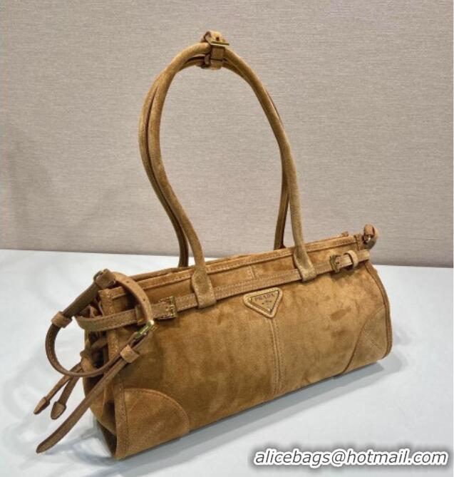 Promotional Prada Bonnie Medium Suede handbag 1BA426 Dark Beige 2025