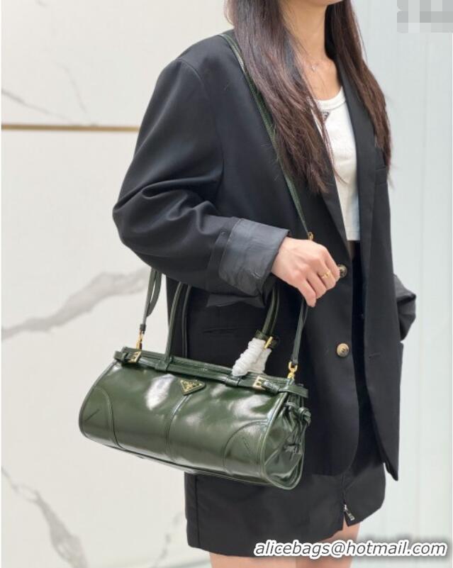 Big Discount Prada Bonnie Medium shiny leather handbag 1BA426 Dark Green 2024