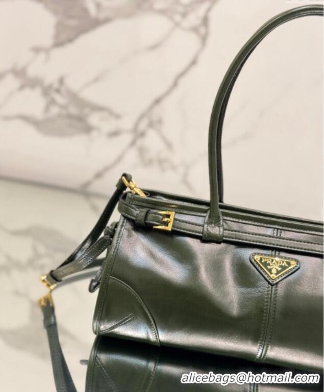 Big Discount Prada Bonnie Medium shiny leather handbag 1BA426 Dark Green 2024