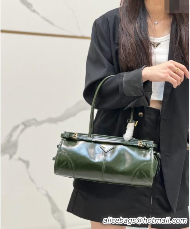 Big Discount Prada Bonnie Medium shiny leather handbag 1BA426 Dark Green 2024
