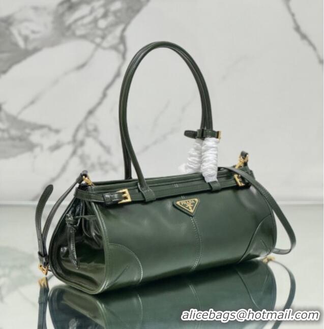 Big Discount Prada Bonnie Medium shiny leather handbag 1BA426 Dark Green 2024