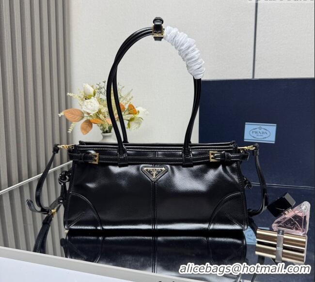 Best Price Prada Bonnie medium handbag in Crinkled Leather 1BA426 Black 2025