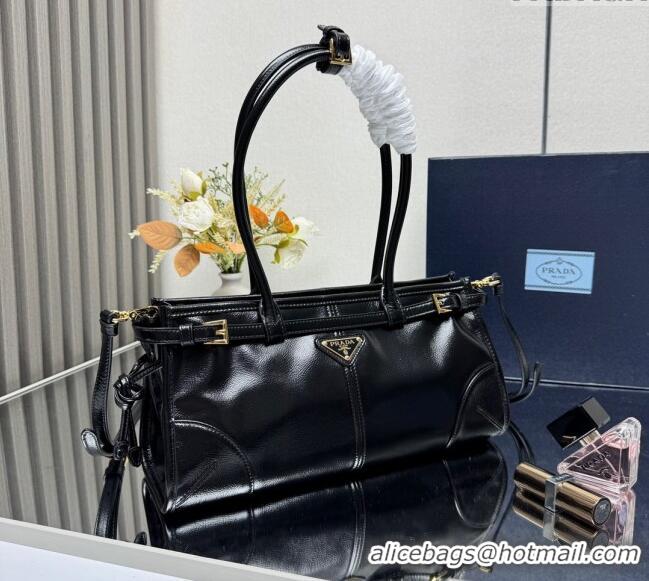 Best Price Prada Bonnie medium handbag in Crinkled Leather 1BA426 Black 2025