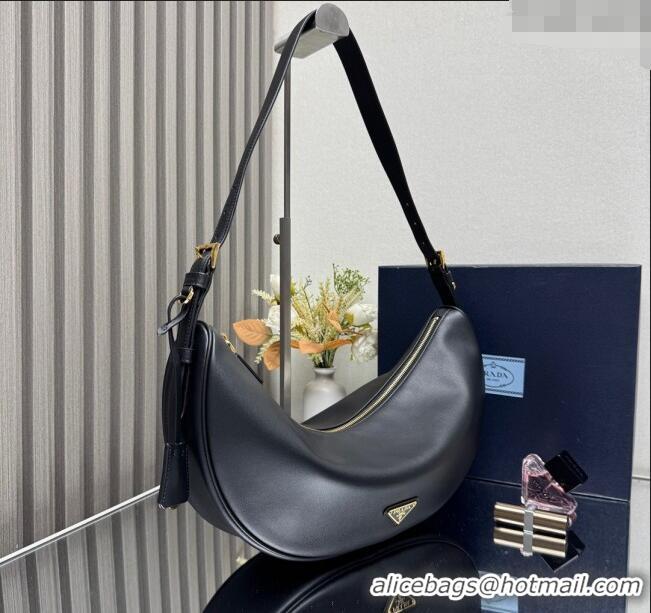 Buy New Cheap Prada Demi-lune large leather shoulder bag 1BC255 Black 2025