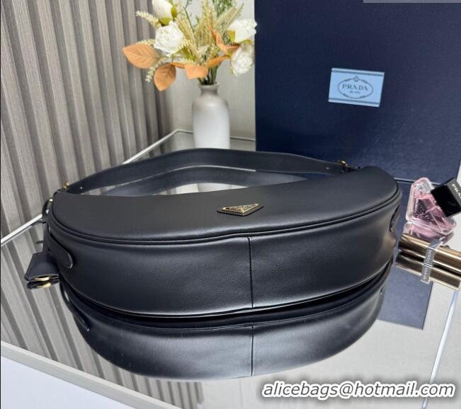 Buy New Cheap Prada Demi-lune large leather shoulder bag 1BC255 Black 2025
