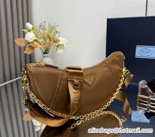 Best Quality Prada Demi-lune Re-Nylon shoulder bag 1BH222 Brandy Brown 2025