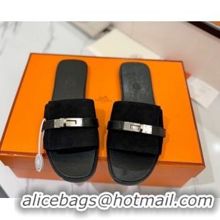 Charming Hermes Giulia Flat Slides Sandal in Suede with Kelly Buckle Strap Black 0421047