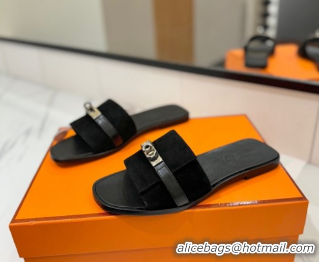 Charming Hermes Giulia Flat Slides Sandal in Suede with Kelly Buckle Strap Black 0421047