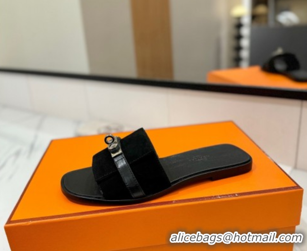 Charming Hermes Giulia Flat Slides Sandal in Suede with Kelly Buckle Strap Black 0421047