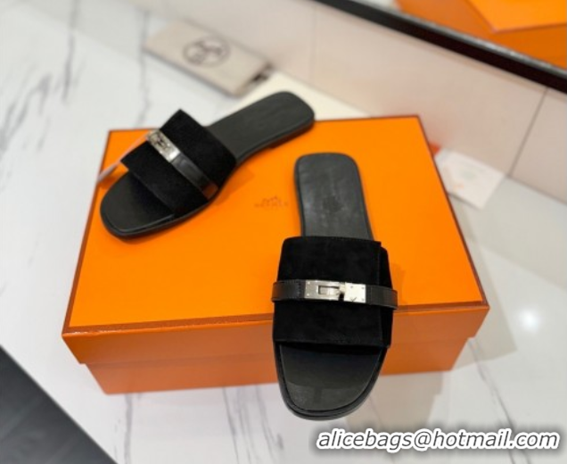 Charming Hermes Giulia Flat Slides Sandal in Suede with Kelly Buckle Strap Black 0421047