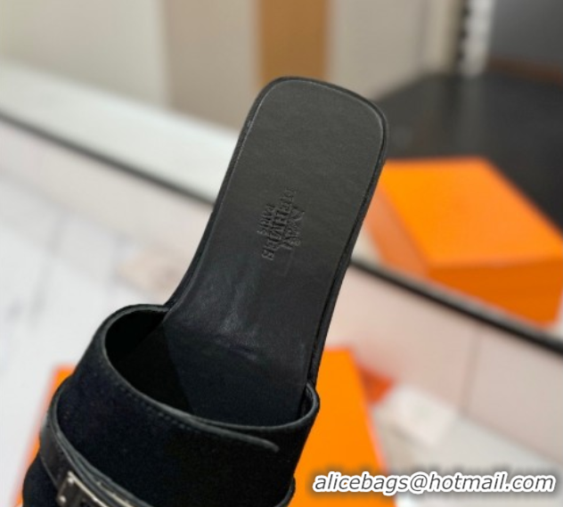 Charming Hermes Giulia Flat Slides Sandal in Suede with Kelly Buckle Strap Black 0421047