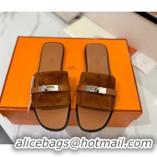 Stylish Hermes Giulia Flat Slides Sandal in Suede with Kelly Buckle Strap Brown 0421048