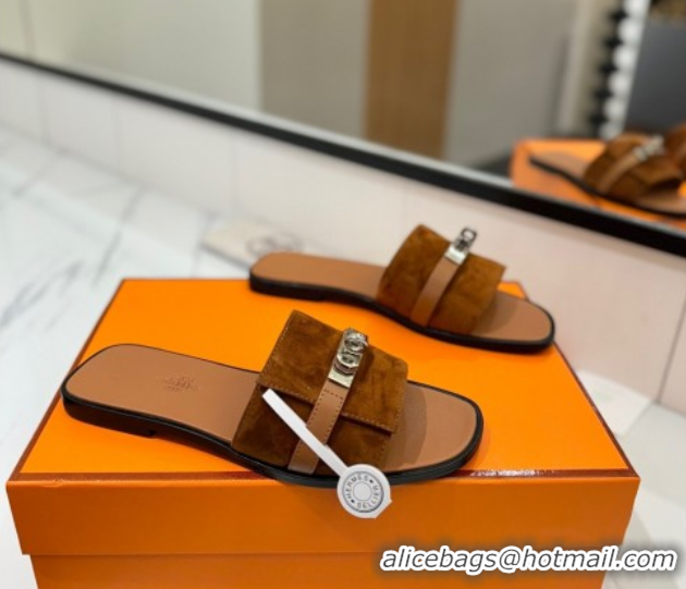 Stylish Hermes Giulia Flat Slides Sandal in Suede with Kelly Buckle Strap Brown 0421048