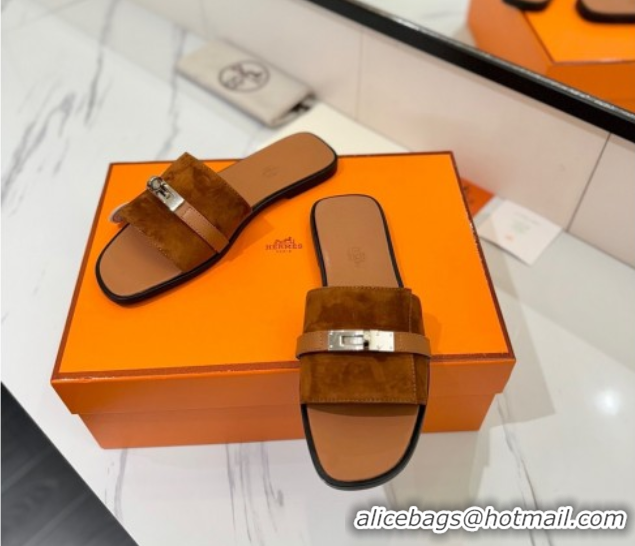 Stylish Hermes Giulia Flat Slides Sandal in Suede with Kelly Buckle Strap Brown 0421048