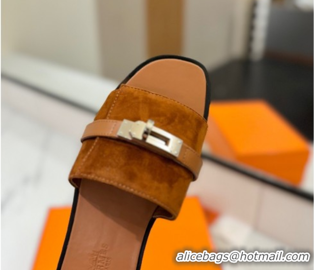 Stylish Hermes Giulia Flat Slides Sandal in Suede with Kelly Buckle Strap Brown 0421048
