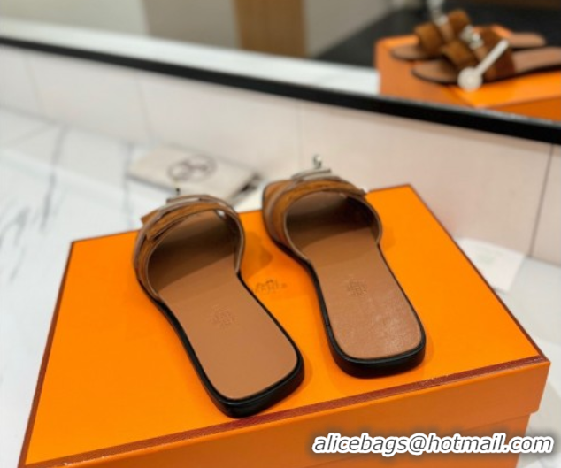 Stylish Hermes Giulia Flat Slides Sandal in Suede with Kelly Buckle Strap Brown 0421048