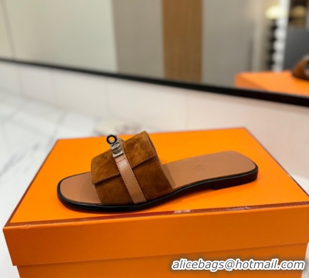 Stylish Hermes Giulia Flat Slides Sandal in Suede with Kelly Buckle Strap Brown 0421048